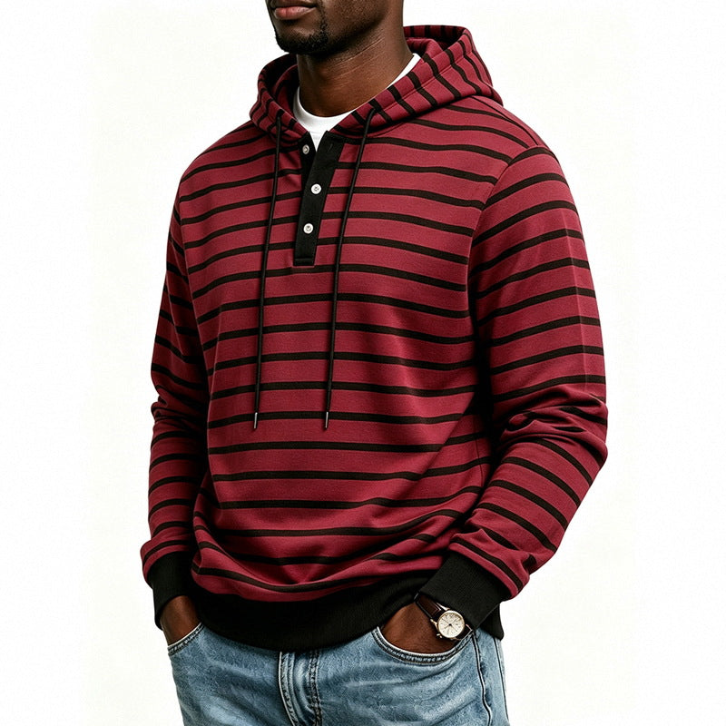 Herren Kapuzenpullover mit Henley-Knopfleiste und feinem Streifenstrukturmuster Echoarchiv