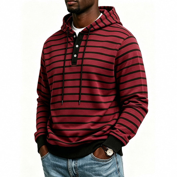 Herren Kapuzenpullover mit Henley-Knopfleiste und feinem Streifenstrukturmuster Echoarchiv