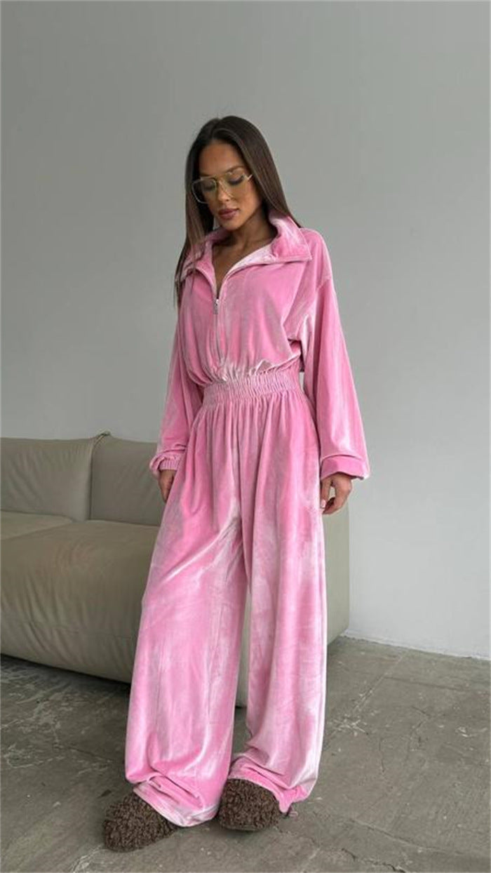 Damen Samt-Jumpsuit mit weitem Bein, elastischer Taillenpartie und Stehkragen – Solévia