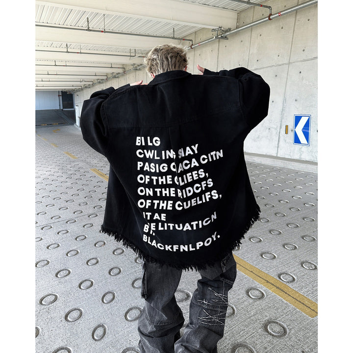 Herren Oversize-Denimjacke mit Fransen und grafischem Druck Echoarchiv