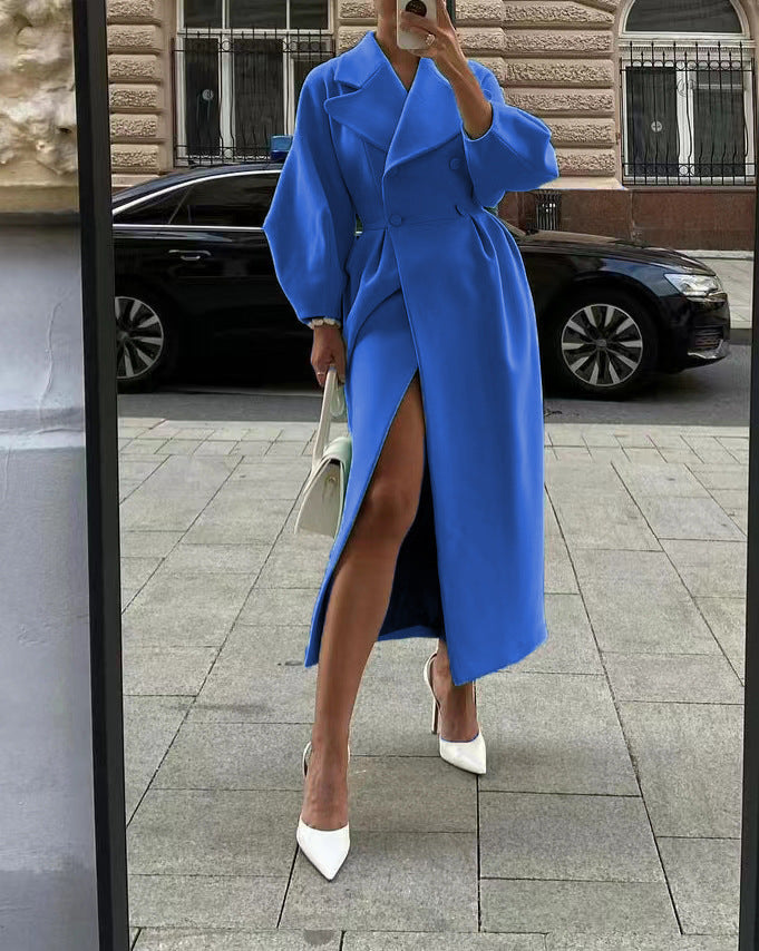 Damen Maxi-Wickelmantel mit seitlichem Schlitz und Ballonärmeln – Avérine