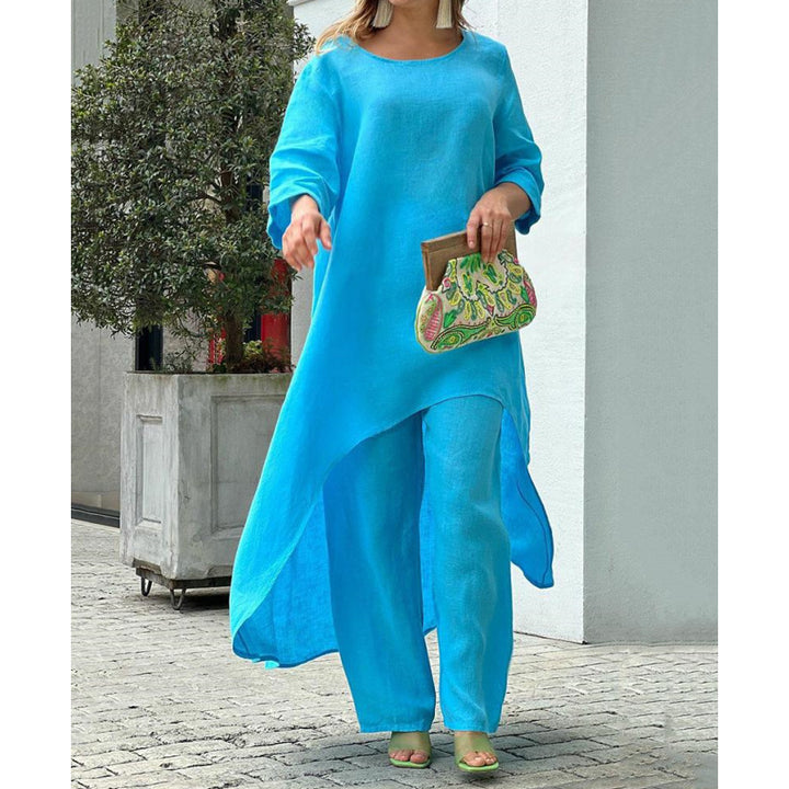 Damen Lässiges Leinenoptik-Zweiteiler mit asymmetrischer Long-Tunika und weitem Palazzo-Hose – Élanora