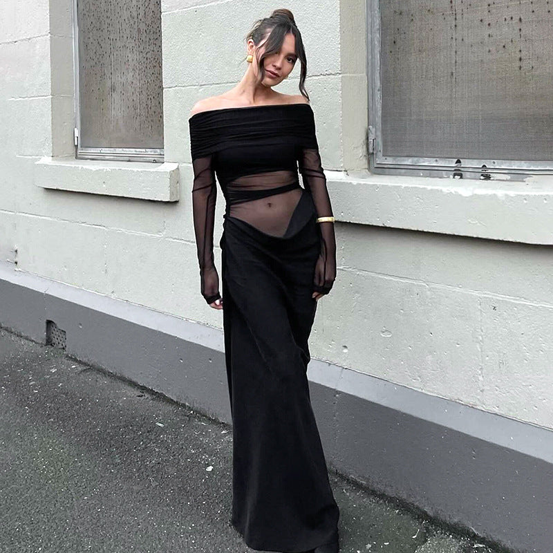 Damen Maxikleid mit schulterfreiem Design und fließendem Stoff Echo Archiv