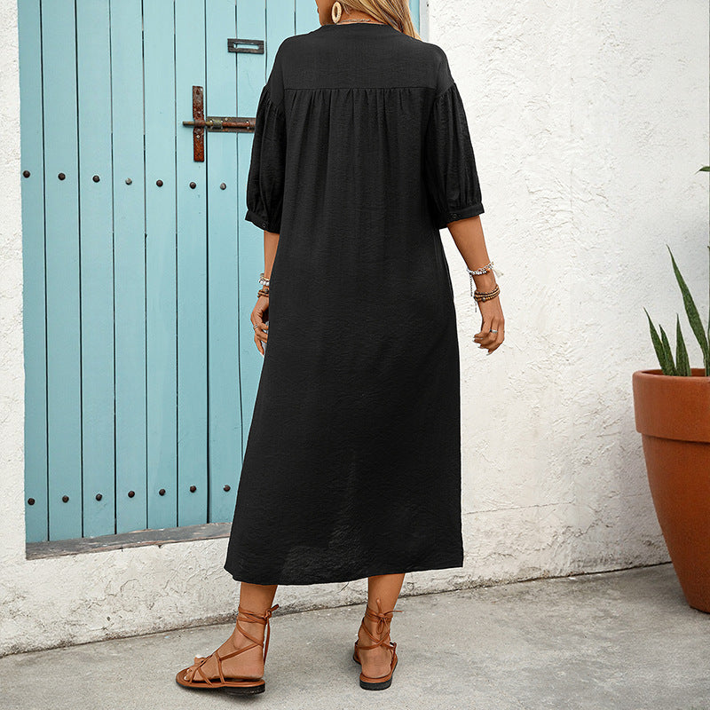 Damen Besticktes Hemdblusenkleid A‑Linie mit Knopfleiste und 3/4‑Ballonärmeln – Élara