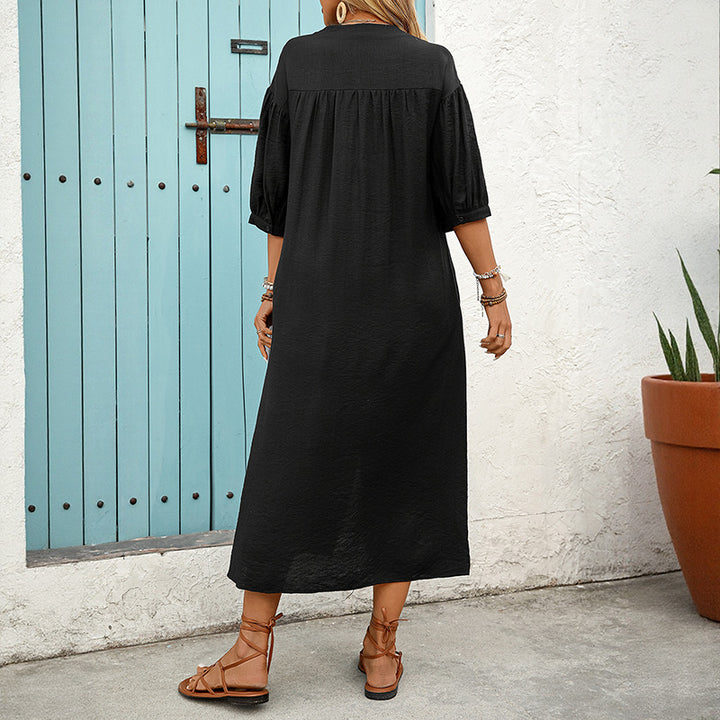 Damen Besticktes Hemdblusenkleid A‑Linie mit Knopfleiste und 3/4‑Ballonärmeln – Élara