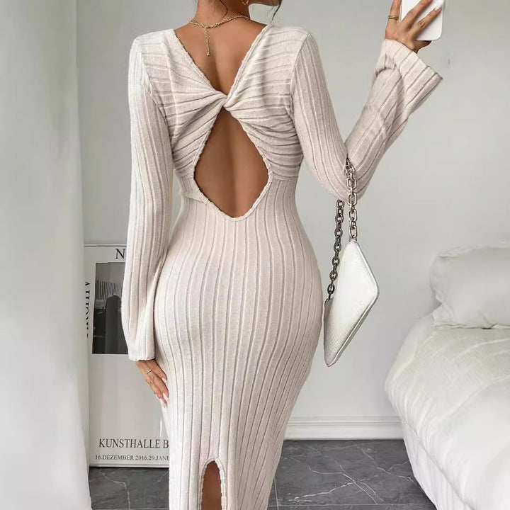 Damen geripptes Midaxi-Kleid mit U-Ausschnitt, figurbetonter Stretch-Silhouette und ausgestellten Ärmeln – Élara