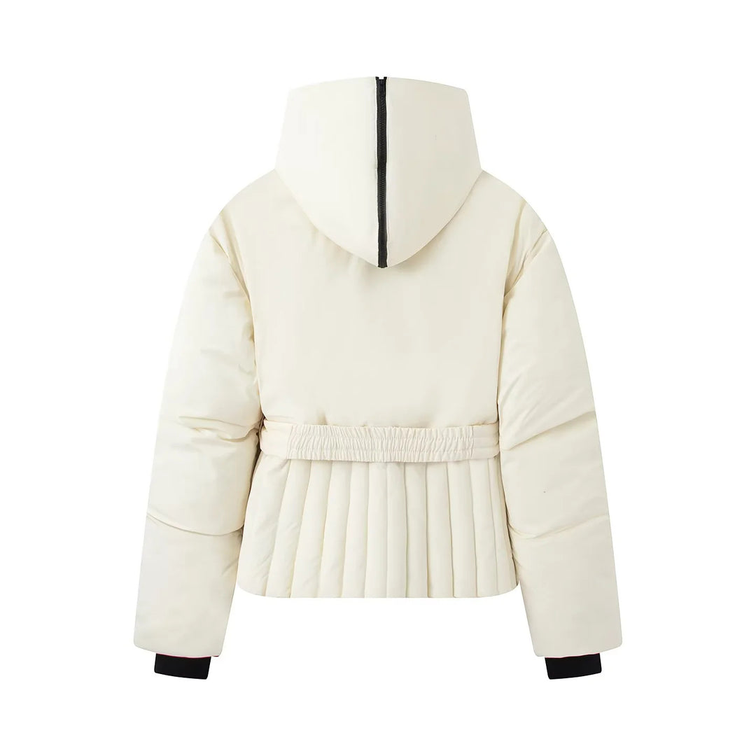 Damen gesteppte Taillen-Steppjacke mit hohem Kragen, Taillengürtel und Plissee-Saum – Célinea