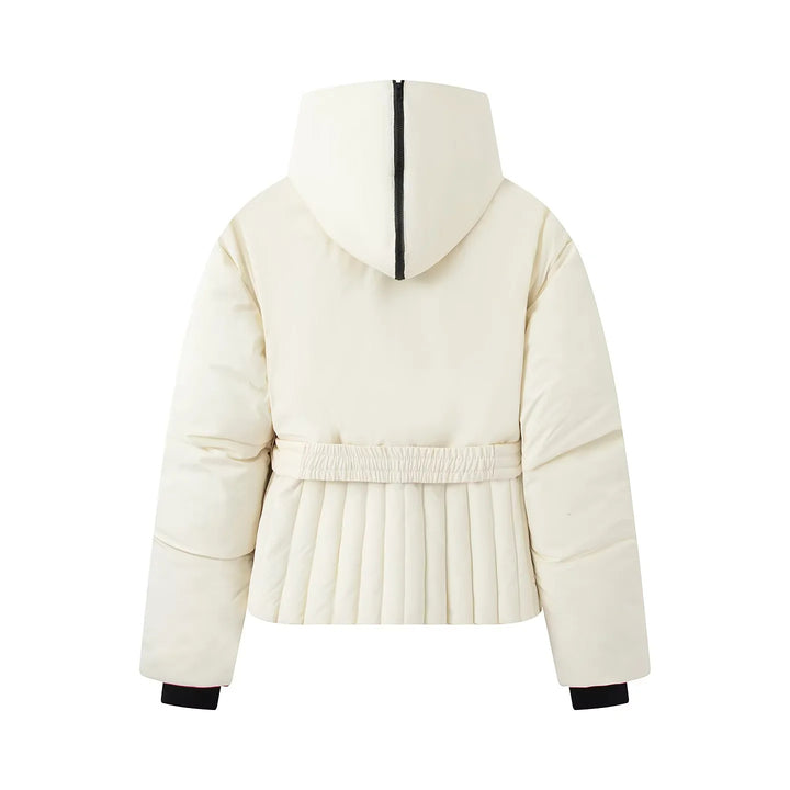 Damen gesteppte Taillen-Steppjacke mit hohem Kragen, Taillengürtel und Plissee-Saum – Célinea
