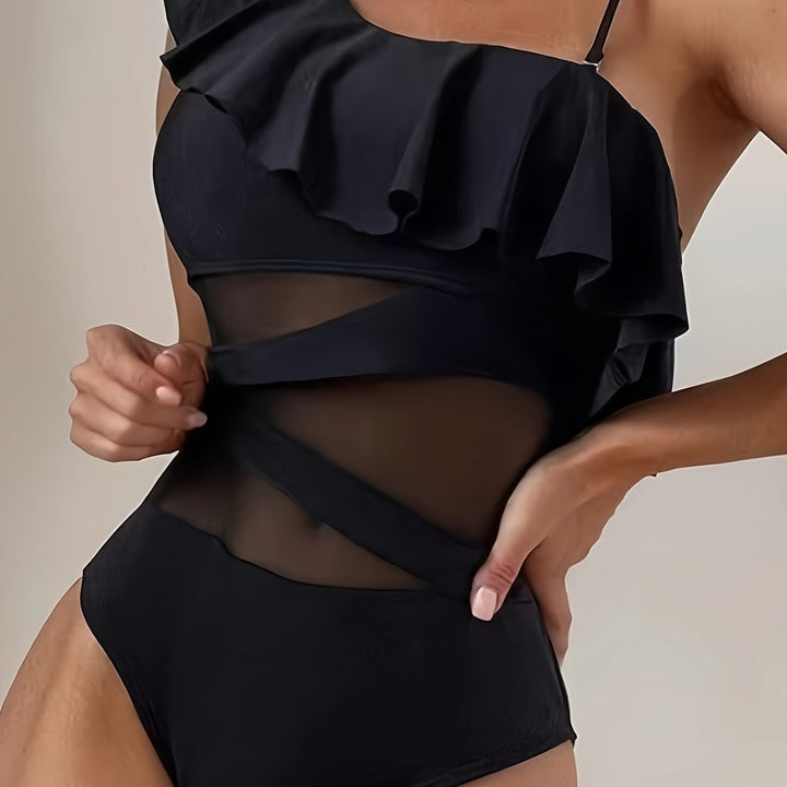 Damen Einteiler Badeanzug mit asymmetrischem Rüschendesign und eleganten Cut-Out-Details Echo Archiv