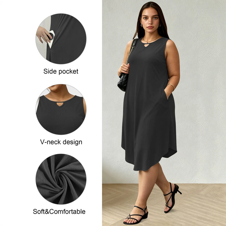 Damen Ärmelloses A-Linien-Midikleid mit seitlichen Eingrifftaschen und V-Ausschnitt echoarchiv-