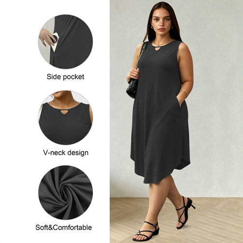 Damen Ärmelloses A-Linien-Midikleid mit seitlichen Eingrifftaschen und V-Ausschnitt echoarchiv-