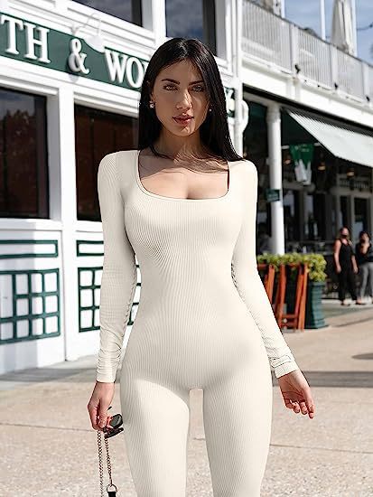 Damen nan figurbetonter gerippter Jumpsuit mit quadratischem Ausschnitt Echo Archiv