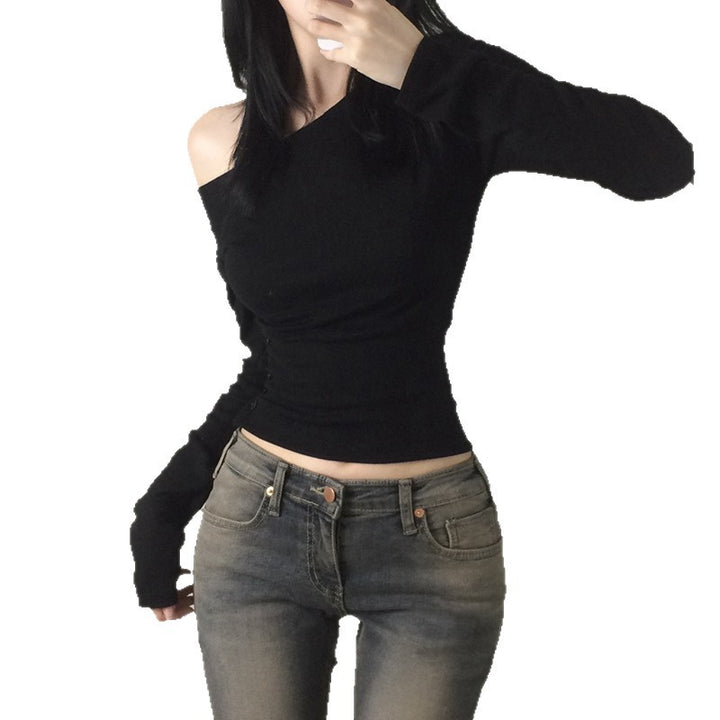 Damen nan schulterfreies Langarmshirt mit taillierter Silhouette und seitlicher Knopfleiste Echo Archiv
