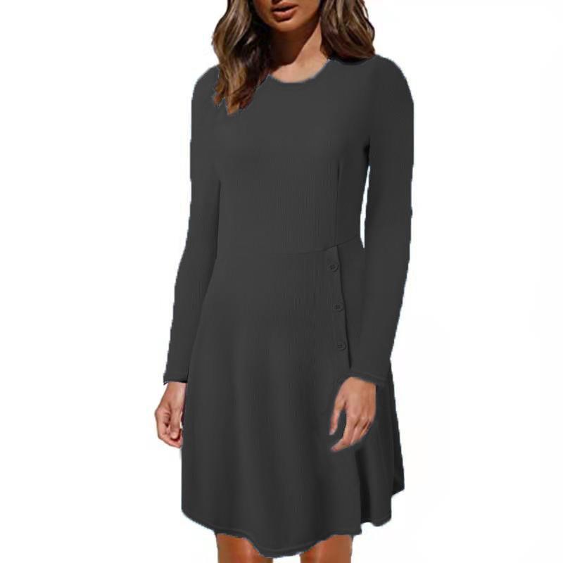 Damen Geripptes A‑Linien Kleid mit Rundhalsausschnitt, langen Ärmeln und seitlicher Knopfleiste – Lunéa