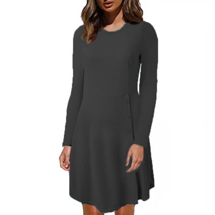 Damen Geripptes A‑Linien Kleid mit Rundhalsausschnitt, langen Ärmeln und seitlicher Knopfleiste – Lunéa