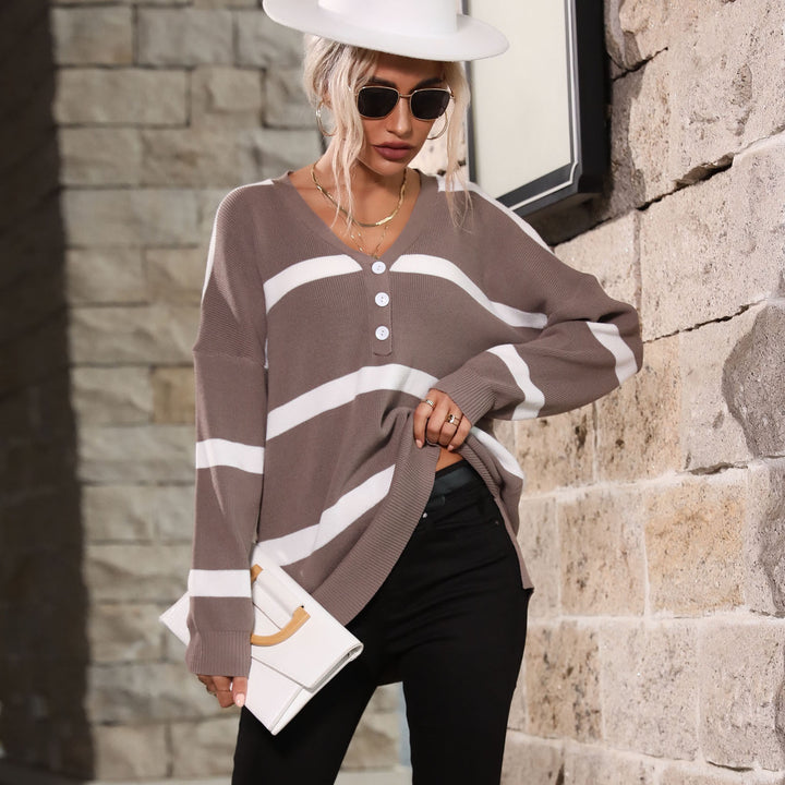 Damen Lockerer V-Ausschnitt Feinstrickpullover mit Knopfleiste und überschnittener Schulter Echoarchiv