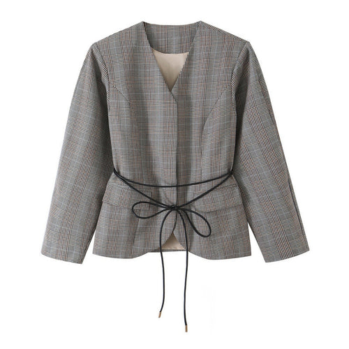 Damen Taillierte Glencheck-Blazerjacke mit V-Ausschnitt und Bindegürtel Echo Archiv