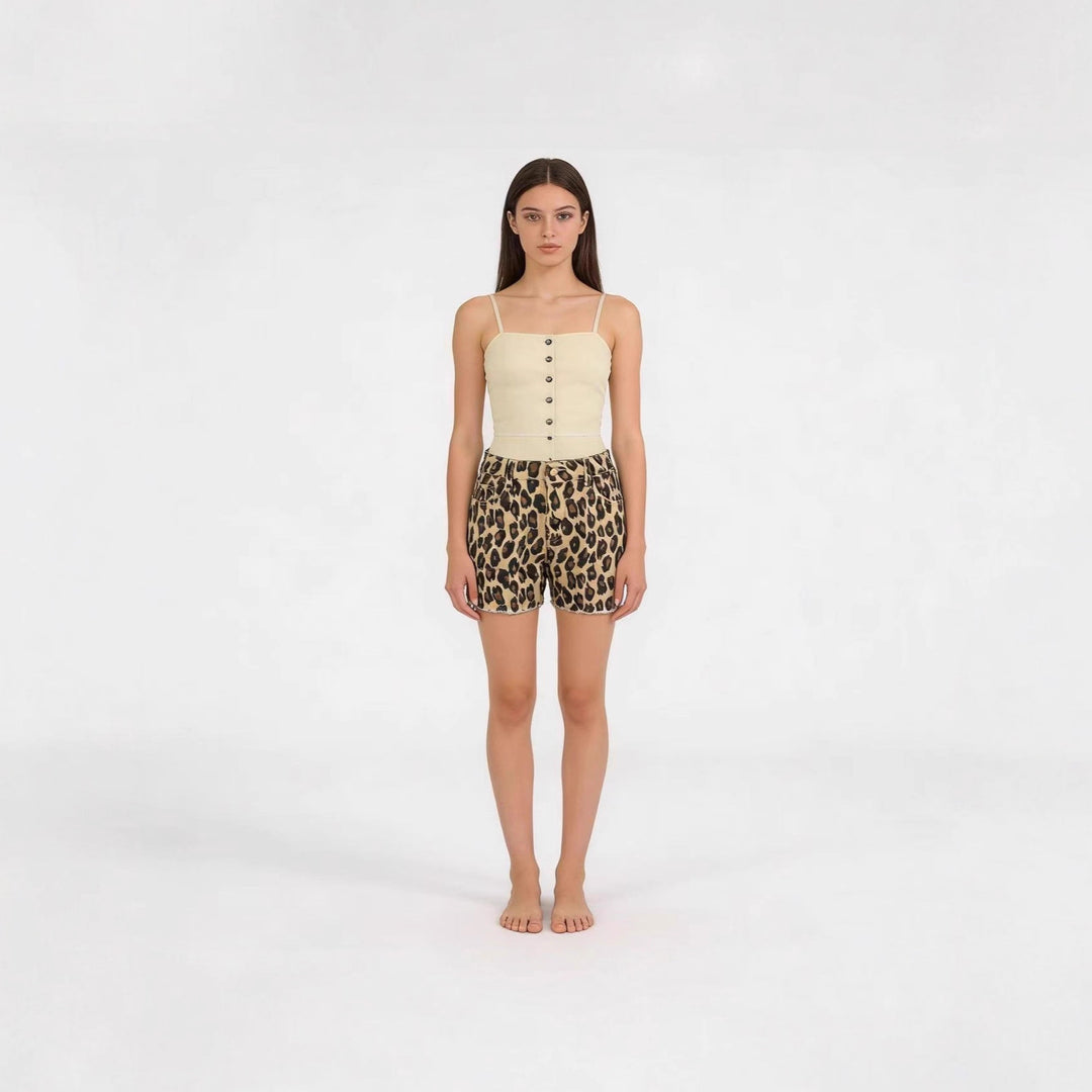 Damen lässige Leo-Shorts mit fransigem Saum und hohen Taschen Echo Archiv