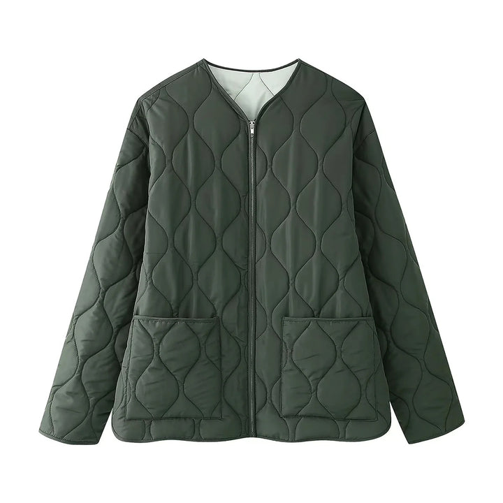 Damen leichte A‑Linien Steppjacke mit Tropfensteppung, Rundhalsausschnitt und aufgesetzten Fronttaschen – Célinea