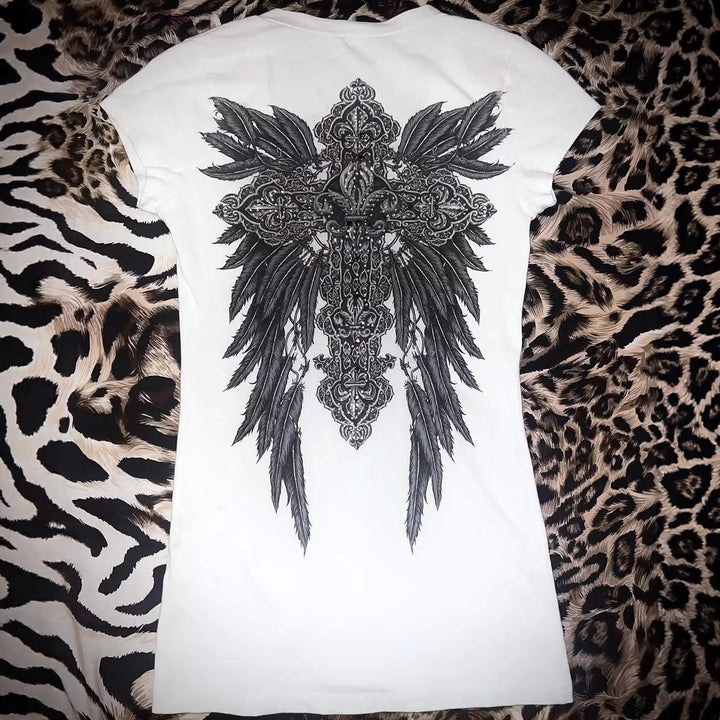 Damen V-Ausschnitt T-Shirt mit kunstvollem Kreuzdesign Echo Archiv