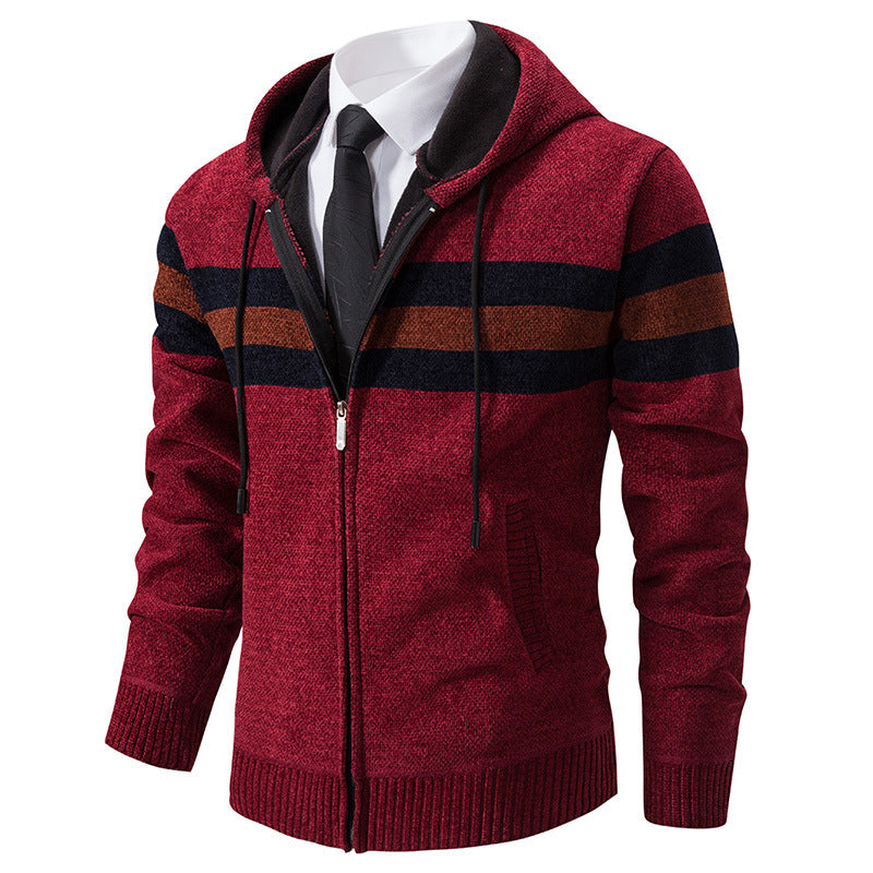 Herren Gestrickte Kapuzen-Strickjacke mit Kontraststreifen und Reißverschluss Echo Archiv