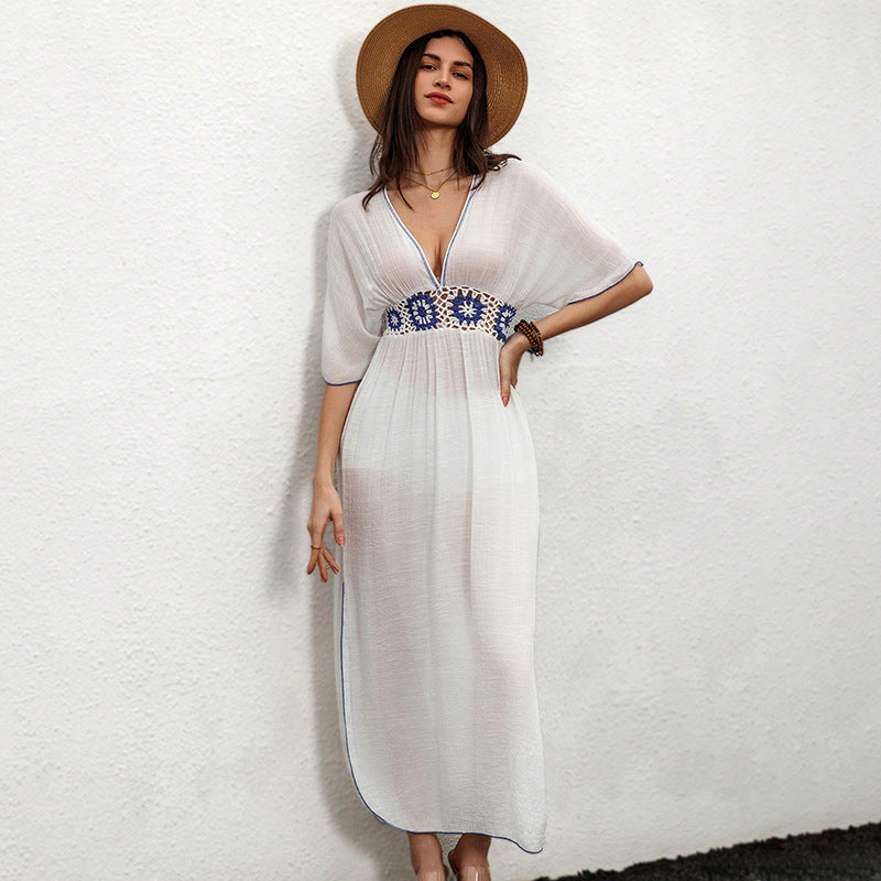 Damen elegantes Maxikleid mit floralen Häkelakzenten Echo Archiv