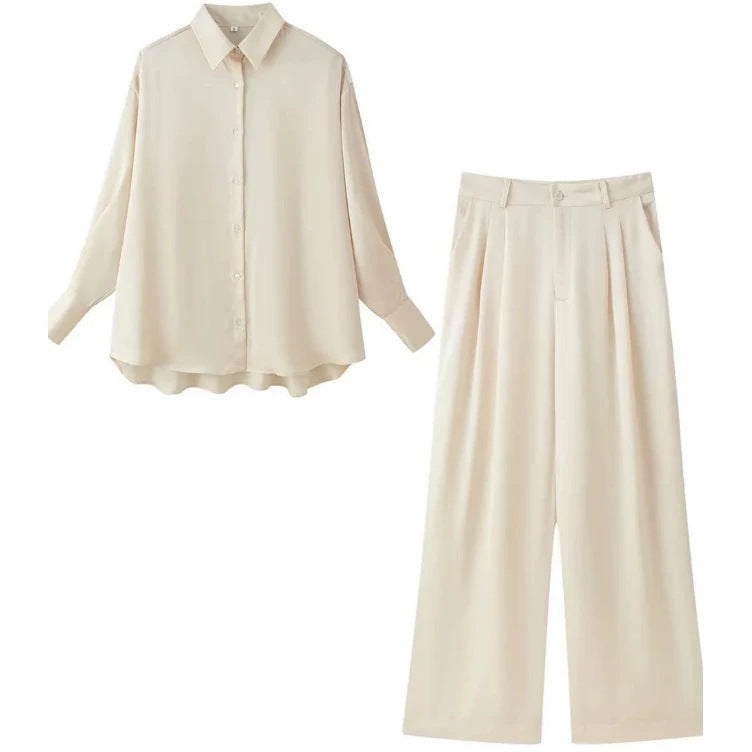 Damen Zweiteiliges seidig‑fließendes Lounge‑Set mit Oversize‑Hemd und hochtaillierter Hose mit weitem Bein Echo Archiv