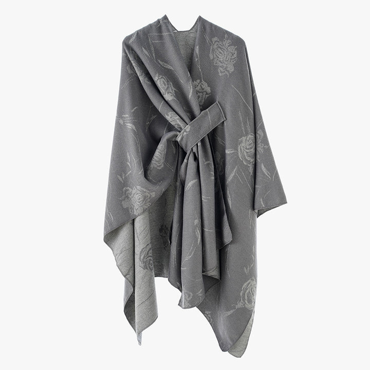 Damen Wendbarer Capeponcho mit Rosen-Jacquard und Bindegürtel Echo Archiv