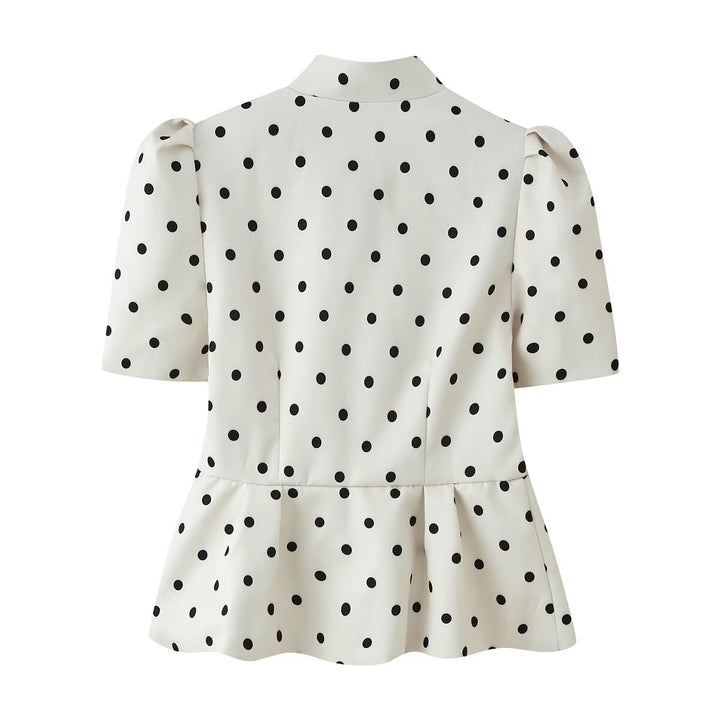 Damen Taillierte Polka‑Dot Bluse mit Stehkragen, Puffärmeln und Schößchen Echo Archiv