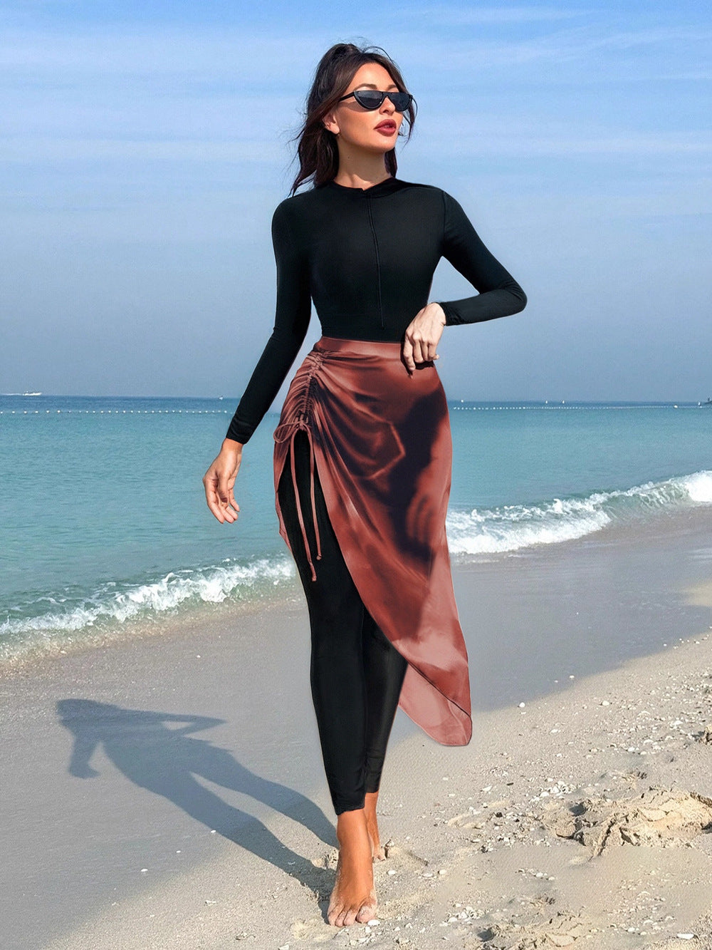 Damen Kombinierter Langarm-Schwimmanzug mit asymmetrischem Rock Echo Archiv