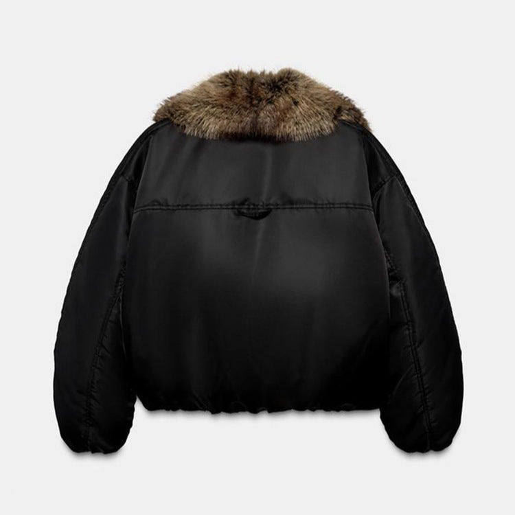 Damen Oversize-Bomberjacke mit voluminösem Fellkragen und Satinärmeln Echo Archiv