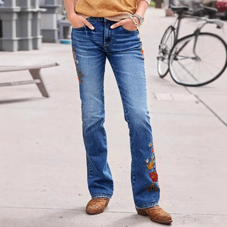 Damen bestickte Bootcut-Jeans mit hoher Taille und leichtem Stretch Echo Archiv