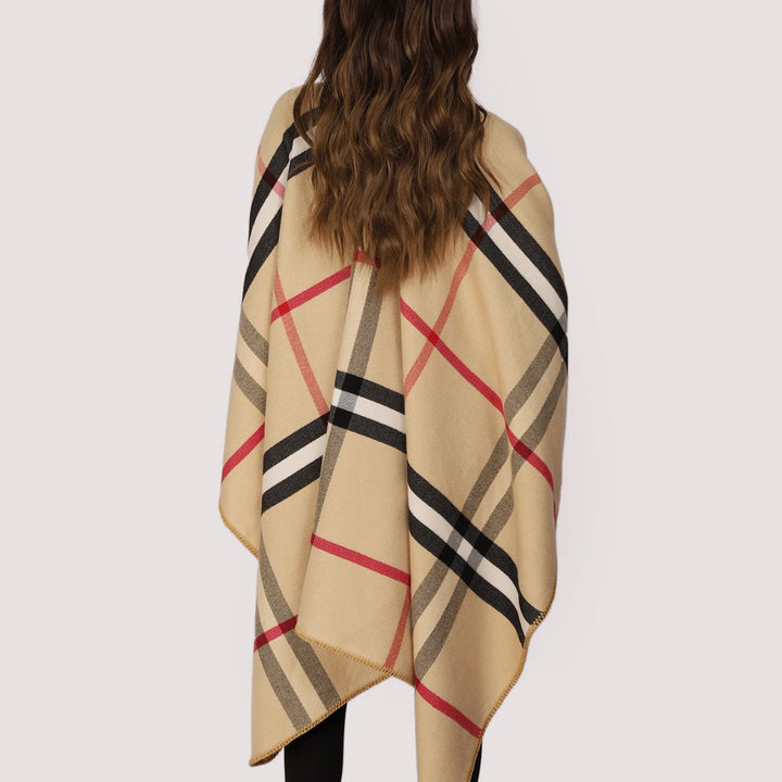Damen Karierter Wollmix‑Poncho im Oversize‑Cape‑Schnitt mit Zierstichkante Echo Archiv