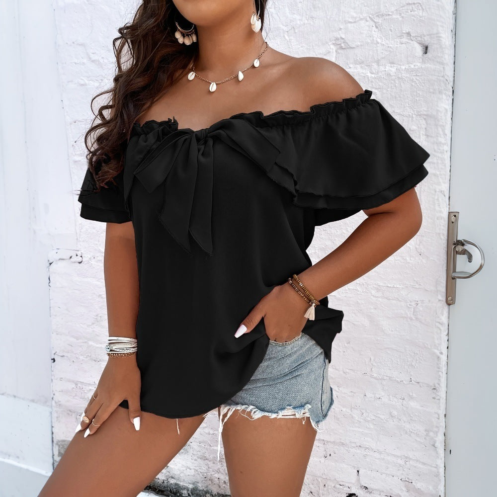 Damen Off-Shoulder Oberteil mit Schleifen-Details und Rüschensäumen Echo Archiv