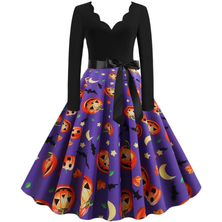 Damen Vintage Swingkleid mit Halloween-Kürbisprint und tailliertem Satinschärpenbund – Élara
