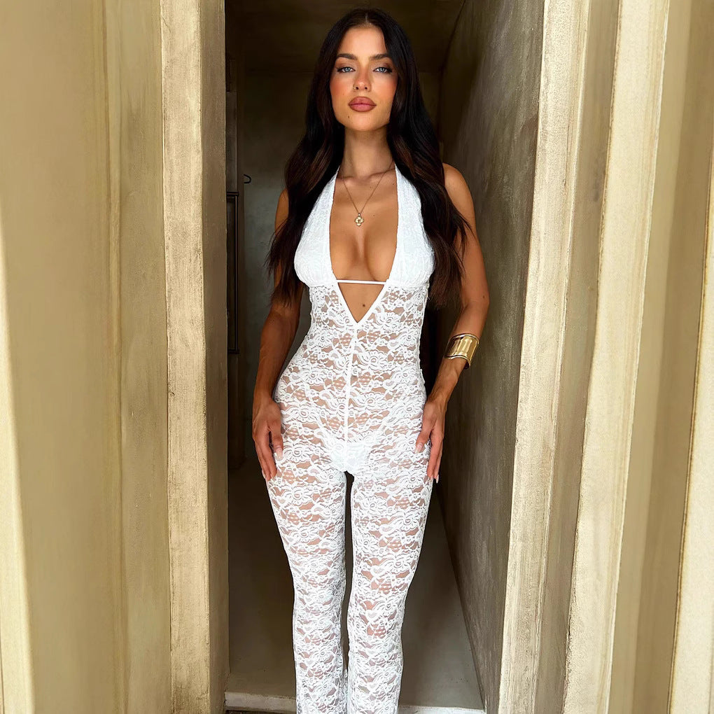 Damen Spitzen-Bodysuit mit tiefem V-Ausschnitt und weitem Bein Echo Archiv