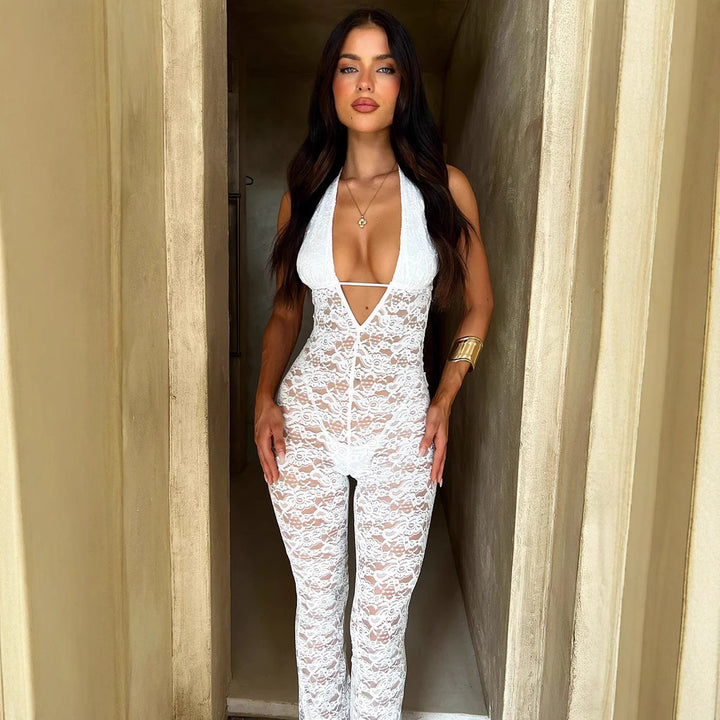 Damen Spitzen-Bodysuit mit tiefem V-Ausschnitt und weitem Bein Echo Archiv