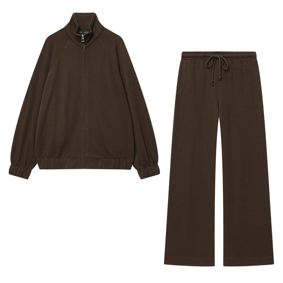 Damen loungiges Sweatsuit-Zweiteiler mit Reißverschluss-Stehkragen, elastischem Saum und weitem Highwaist-Hosenbein – Avélisse