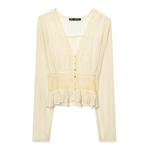 Damen leichte V-Neck Bluse mit Smok-Taillenband, Perlmuttknopfleiste und Volant-Saum – Élovi