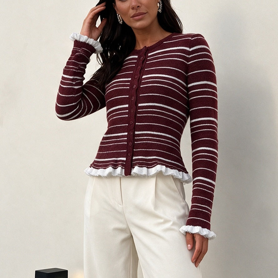 Damen Feinstrick-Buttoncardigan mit Streifen, Rüschenbesatz & taillierter Passform Echoarchiv
