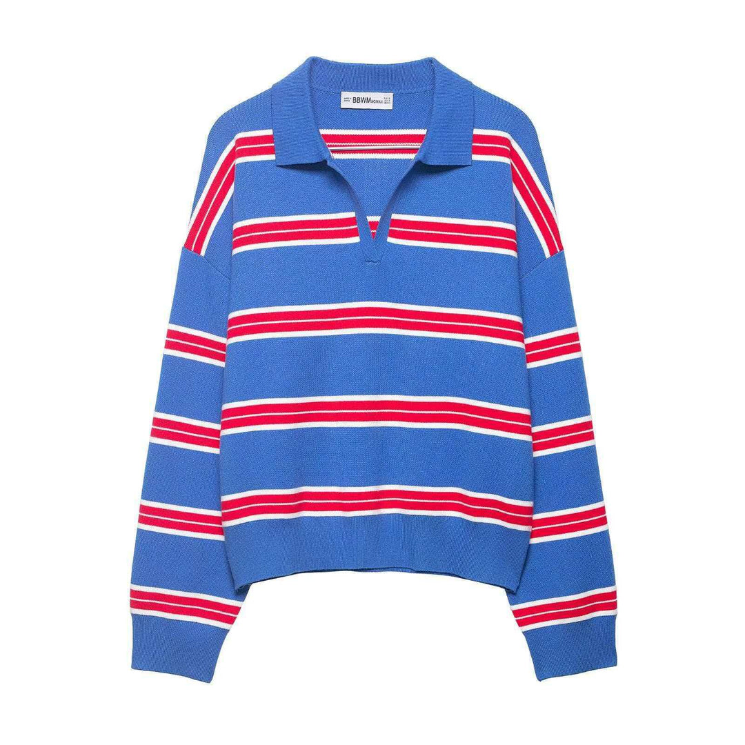 Damen nan gestreifter Rugby-Strickpullover mit Polokragen und weiter Oversize-Passform Echo Archiv