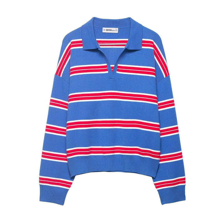 Damen nan gestreifter Rugby-Strickpullover mit Polokragen und weiter Oversize-Passform Echo Archiv