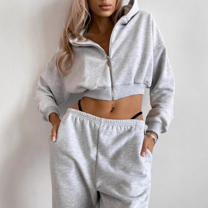 Damen kurzes Zip-Hoodie-Lounge-Set mit taillenhoher Relax-Sweathose – Auréline