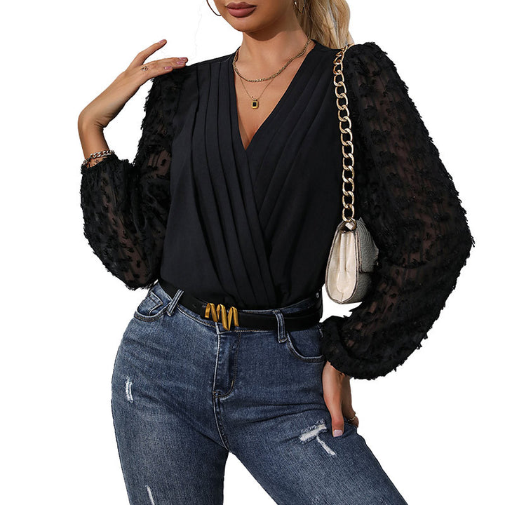 Damen Wickel-Bluse mit transparenten Strukturärmeln und V-Ausschnitt Echoarchiv
