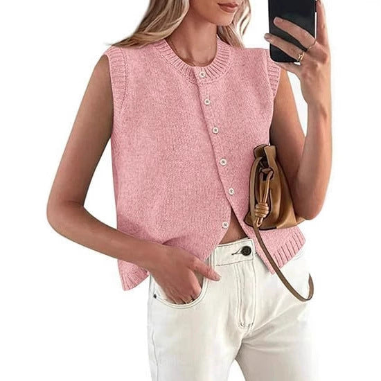 Damen lässige Strickweste mit Knopfleiste und Rundhalsausschnitt – Veloura