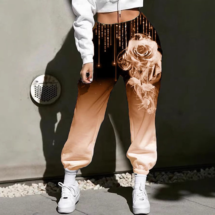 Damen Hohe Taille Jogginghosen mit Ombre-Gradient, Smoke Rose Druck und Elastischen Bündchen – Avélisse