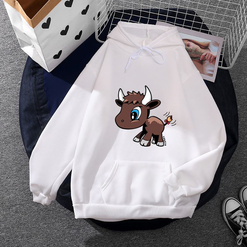 Damen Kapuzenpullover mit charmantem Stier-Karikaturprint, Kängurutasche und entspanntem Oversize-Schnitt – Auréline