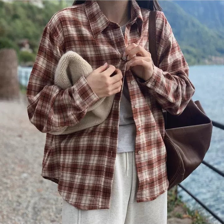 Damen Relaxed-Karo-Flanellhemd mit weichem Griff, kastiger Passform und Knopfleiste – Maréline