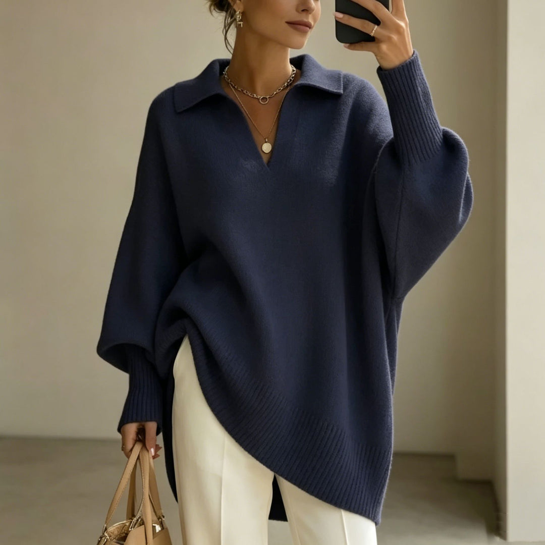Damen Oversize-Polokragen V-Ausschnitt Strickpullover mit Ballonärmeln – Mavelle