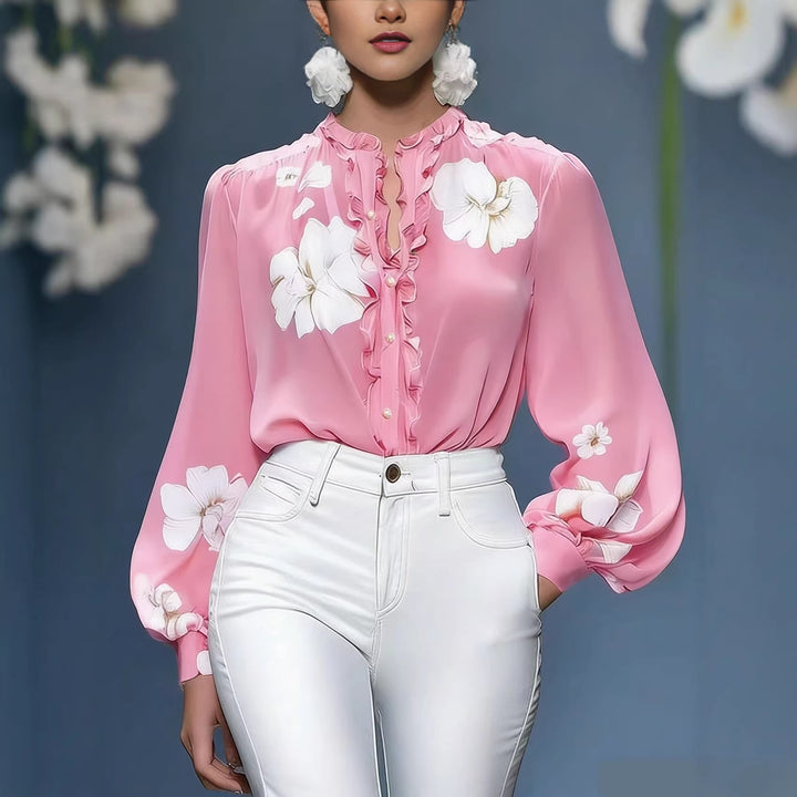 Damen Seidenbluse mit Rüschenblende und floraler Applikation – Élovi